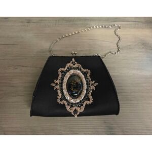 Moyna Couture Black Satin Beaded Medallion Evening Bag Chain Strap Clutch
